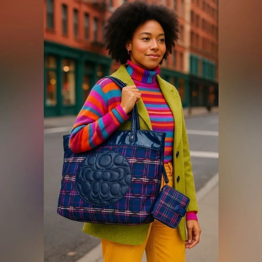 Coach Poppy Tartan Plaid Tote & Wallet Set Blue Multi Patent Leather Trim